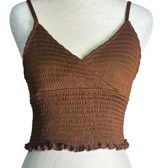 Y2K Rue21 Brown Smocked Cami Top Ruffle Hem Sz Large Festival Boho Indie Sleaze - Picture 3 of 6